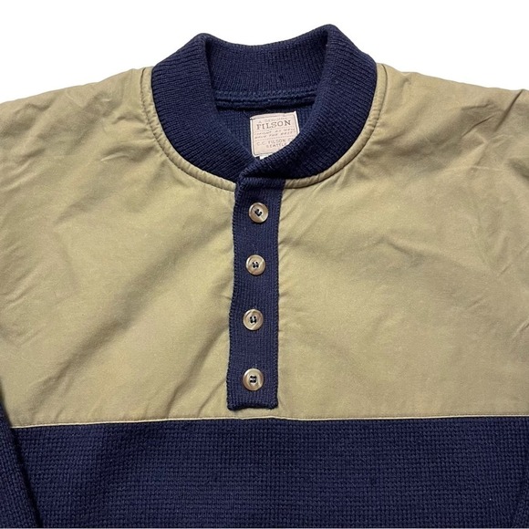 Vintage C.C. Filson Navy Blue Henley 100% Wool Guide Hunting Sweater Men’s Large - Picture 3 of 6